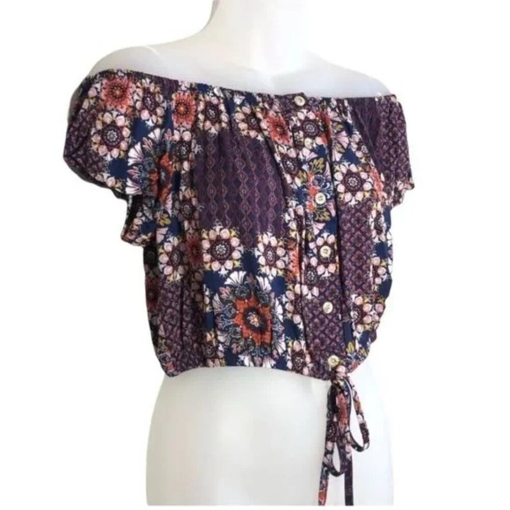 NWT POLLY & ESTHER FLORAL OFF SHOULDER CROP TOP JUNIORS LARGE